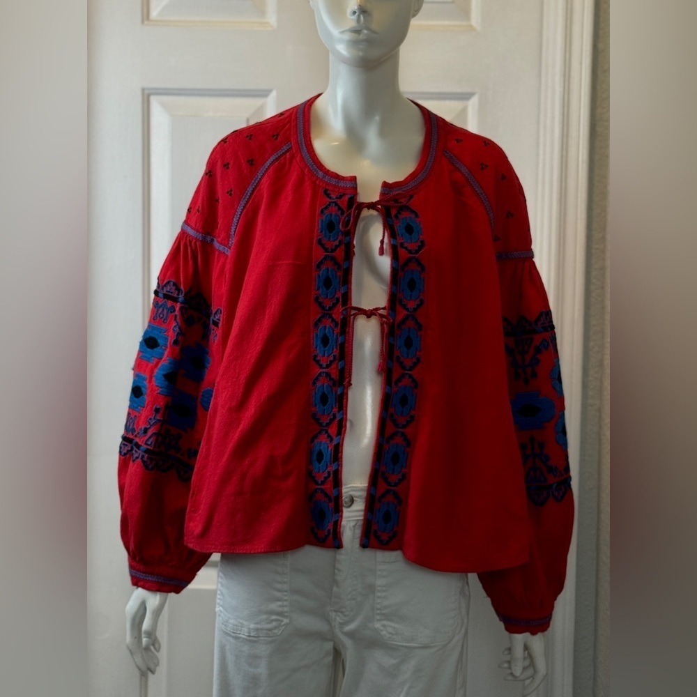 Free People Linen/Cotton Blend Vibrant Red Bohemian Jacket Blue Floral Accents L - Picture 2 of 15